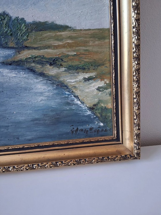 Image 1 of Dipinto originale ad olio su tela con cornice in legno | Paesaggio fluviale | Vintage