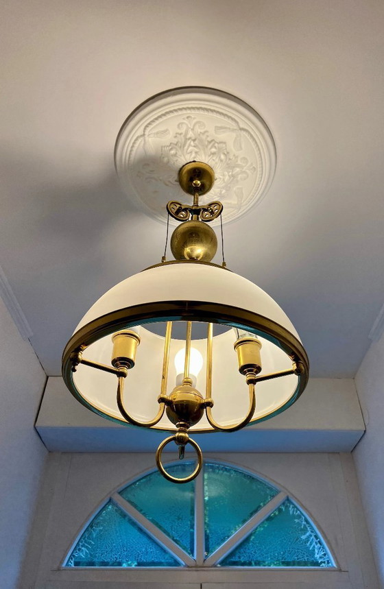 Image 1 of Rara lampada a sospensione in stile Art Déco, lampada da soffitto con elementi steampunk, antica, vintage, ottone e vetro