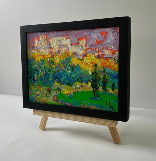 Original Oil Painting Summer Houses Landscape On A Walk In The City
