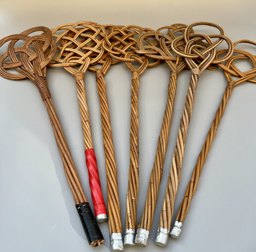 Set of 7 vintage rug beaters - rattan, 60s|70s, woven by hand