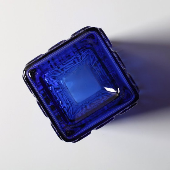 Image 1 of Cobalt Blue Vintage Mid-century Pressed Glass Vase Taalari by Tamara Aladin / Riihimäen Lasi Glassworks Finland / 1969