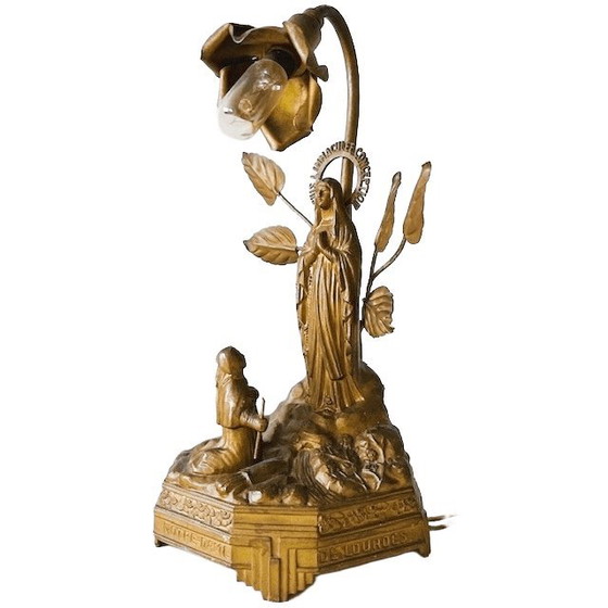 Image 1 of Lampe souvenir de Lourdes en laiton antique, boîte à musique Maria, style religieux, années 1910