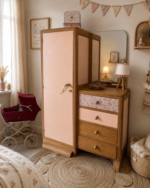 Asymmetrische Vintage Kledingkast, Hout & Poederroze – kledingkasten, Wood (photo 2 of 9)