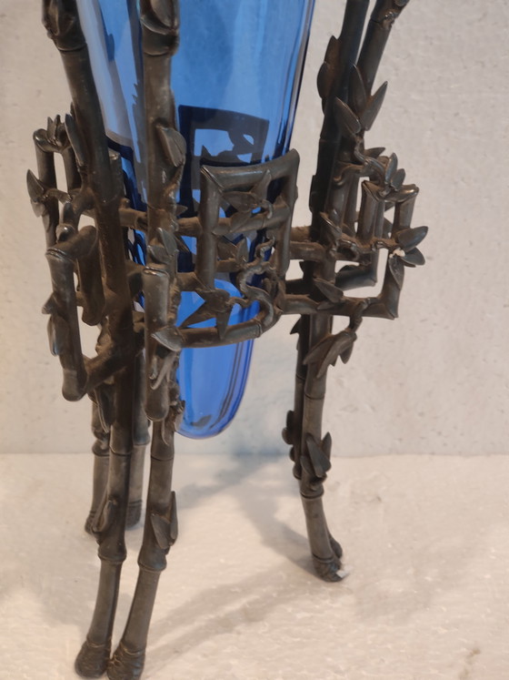 Image 1 of Jarrón Christofle de estilo japonés, monoflore de bambú en vidrio craquelado y "bambú" de bronce plateado.