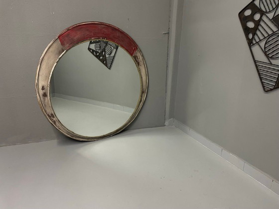 Image 1 of Vintage Round Mirror Distressed Painted Frame 1970s Europe