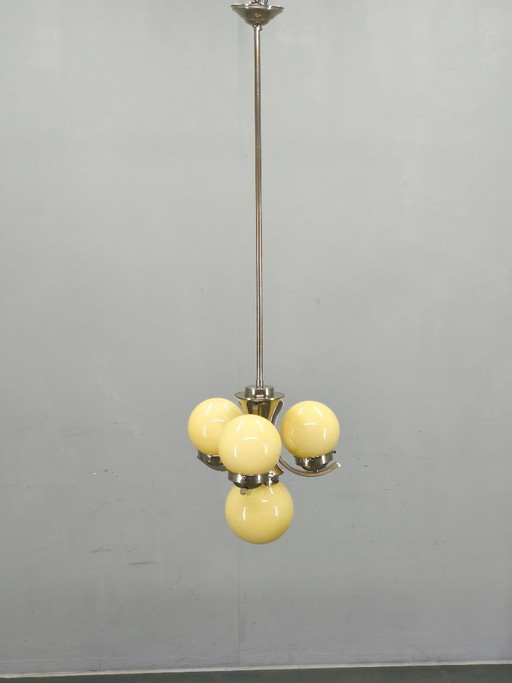 Art Deco Chrome and Opaline Glass Chandelier, 1930s