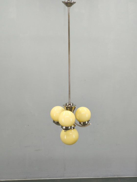 Image 1 of Art Deco Chrome and Opaline Glass Chandelier, 1930s