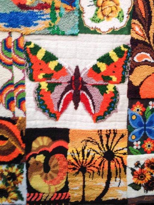 Vintage-Wandbehang mit Schmetterling aus Smyrna, kombiniert mit Stickerei – wanddecoratie, Textile, Wool (photo 2 of 5)