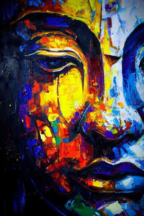 Image 1 of Uniek handgeschilderd Boeddha schilderij “Golden Balance” – Seksak Jaichumchen – 80×100 cm