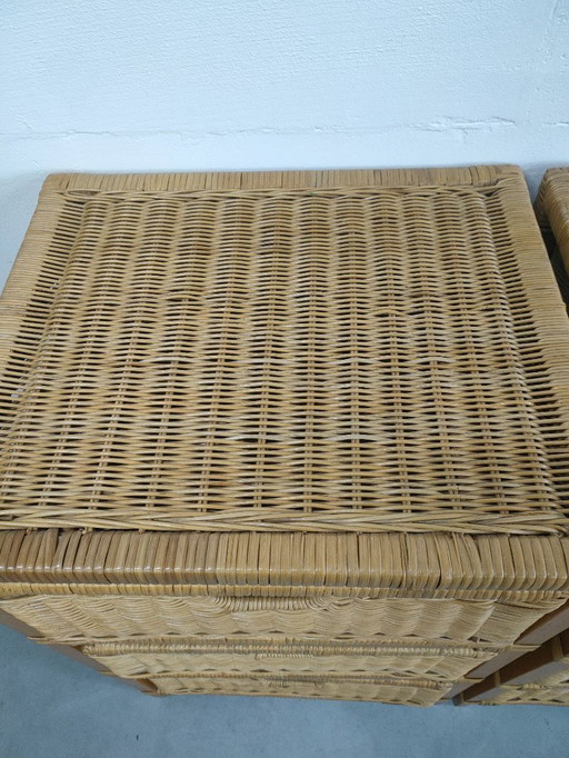 Set of vintage 70s rattan/reed/bamboo wall cabinets and chests of drawers
