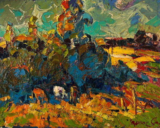 Image 1 of Original Oil Painting Fall Nature Landscape Autumn Flame Of Fire