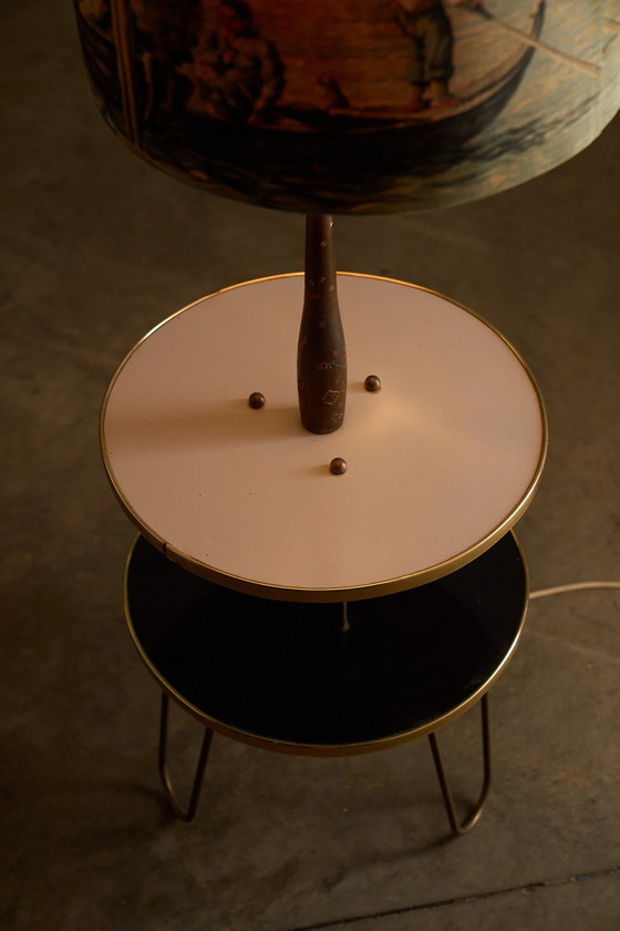 Lampadaire de table Hairpin en laiton avec abat-jour vénitien, Bois, Textile, Noir, Mid Century Modern (photo 9 sur 12)