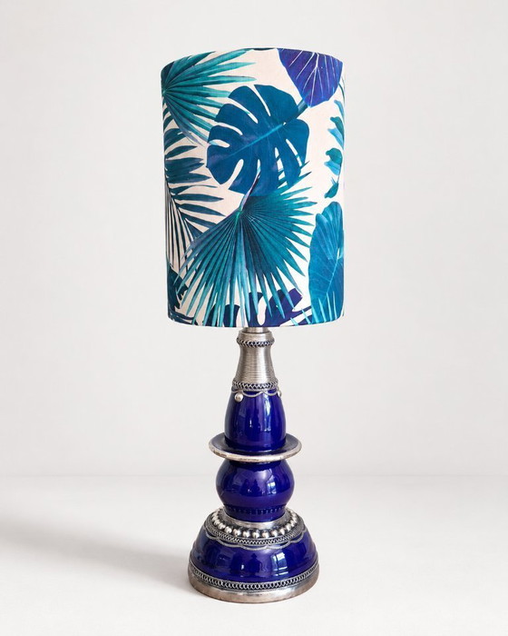 Image 1 of Vintage blue table lamp with botanical lampshade