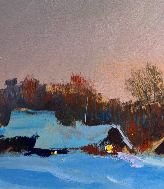 Image 1 of Original Oil Painting Sunset Village Landscape A quiet evening in the snowy glow