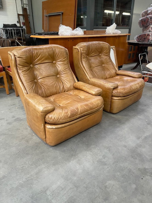 Chaises longues en cuir cognac, design italien vintage des années 1970