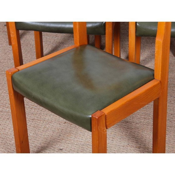 Image 1 of Set van 6 massief iepenhouten en lederen stoelen van Self, 1980.