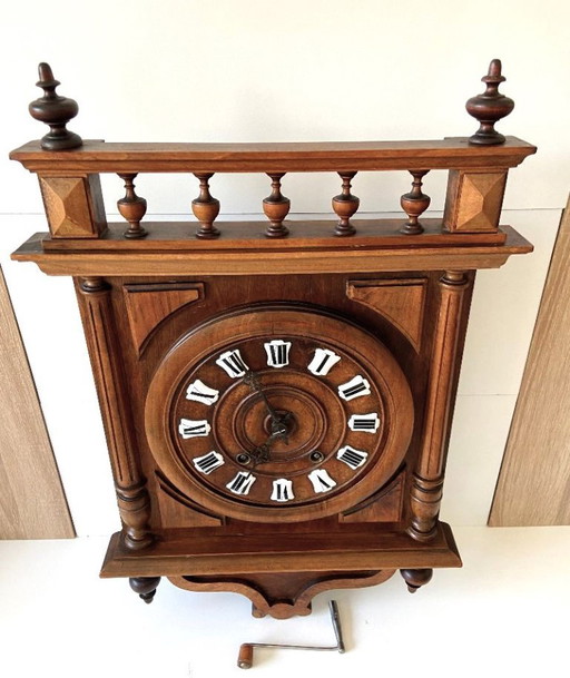 Large Antique French Wall Clock, 1880, Mechanical, Carved Wood
