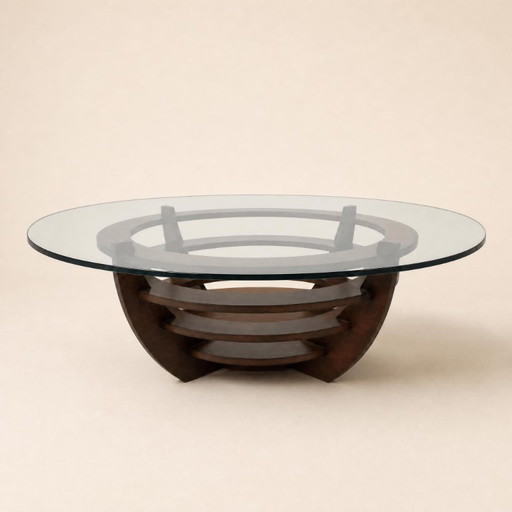 Skulpturaler Couchtisch mit konzentrischen Ringen, Glas und Holz, um 1985