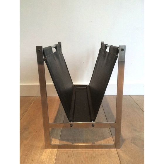 Image 1 of Vintage brushed steel and leather magazine rack, 1970