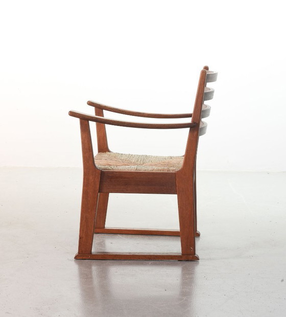 Image 1 of Very Rare Early Mid-Century Single Bas van Pelt Brutalist Solid Oak Armchair with Woven Rush Seat for My Home. The Netherlands, 