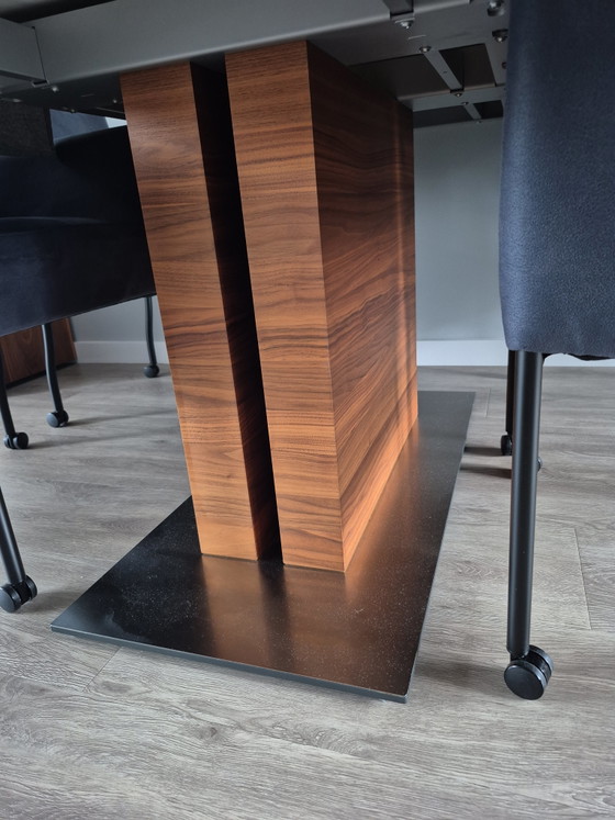 Image 1 of Hülsta Design Dining Table – Satin Glass, Walnut Wood & Stainless Steel