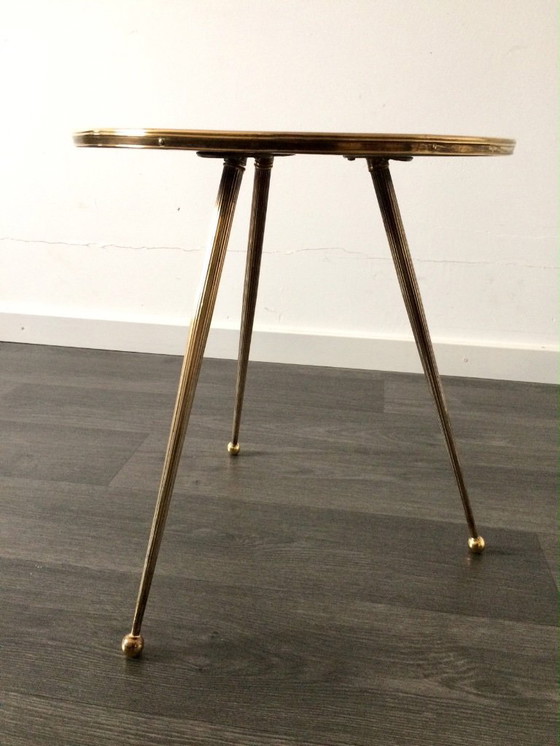 Image 1 of Italian Design Brass Tripod Side Table w printed top 1950's