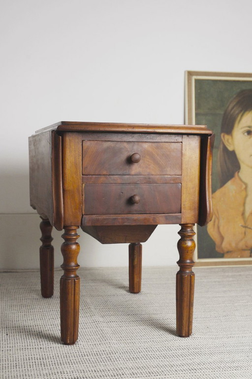 Antique French Pembroke Drop Leaf Table, Walnut Veneer Extendable End Table With Drawers, French Provincial Side Lamp Table
