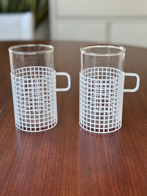 4 Bauhaus glazen met metalen houder Josef Hoffmann, Bieffeplast stijl