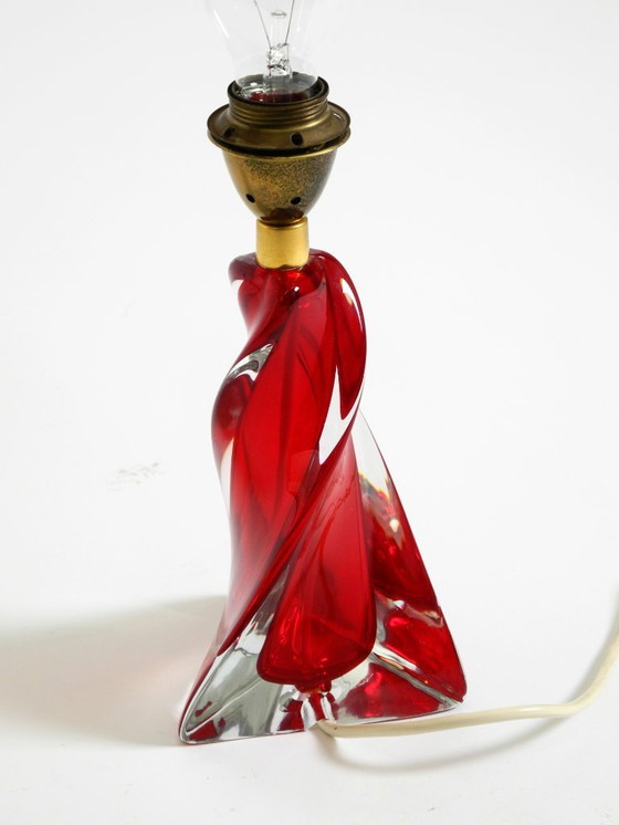 Image 1 of Beautiful heavy mid-century modern table lamp made of solid crystal glass in red and transparent