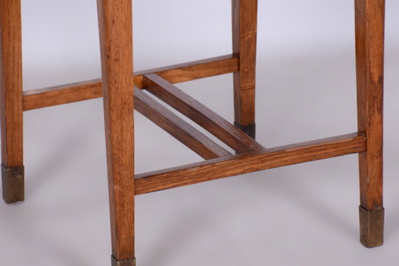 Restored Art Deco Stool, New Upholstery, Revived Polish, Oak, Czech, 1930s – Textile, Wood (photo 6 of 7)