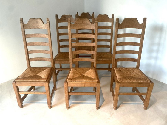 Image 1 of Set di 6 sedie con schienale a scaletta in rovere massiccio - stile francese ad angolo, vintage