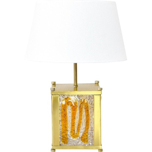 Vintage amber Murano glass and brass Italian Mazzega table lamp by Toni Zuccheri