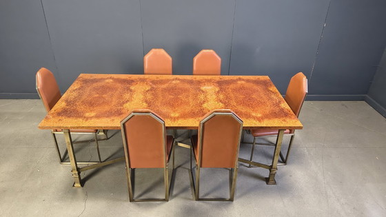 Image 1 of Table de salle à manger vintage en loupe de bois et laiton, signée Belgochrom, années 1970