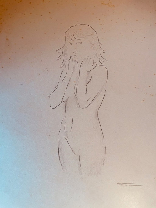 Nude female drawing "sketchbook hand held high" on antique cardboard