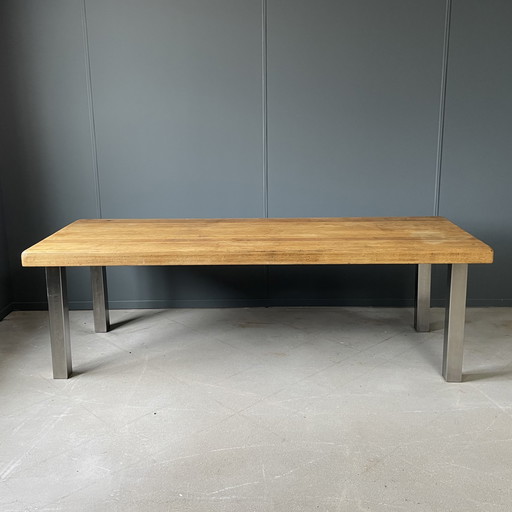 Table de salle à manger vintage en chêne - Pieds en acier inoxydable