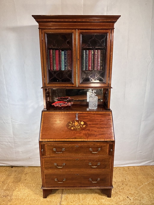 Antique Edwardian Bureau Bookcase with Inlaid Floral Detail – Early 20th Century Elegance timeless sophistication wit