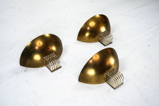 Image 1 of Set of three Italian Deco-style brass wall sconces, Italy 1970s