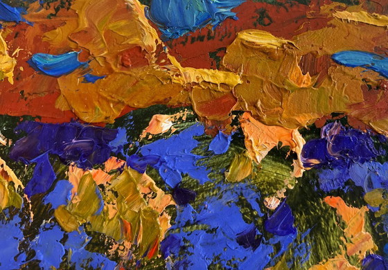 Image 1 of Original Oil Painting Autumn River Landscape Evening boat ride