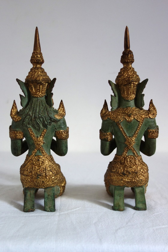 Image 1 of Couple de Statues Thephanom en Bronze Doré, Thaïlande, Années 40