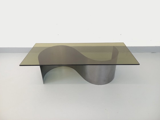 Image 1 of Vintage Space Age rectangular coffee table in steel and smoked glass from the 1970s