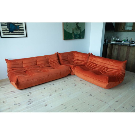 Togo vintage woonkamer set in oranje fluweel van Michel Ducaroy voor Ligne Roset, Frankrijk 1970