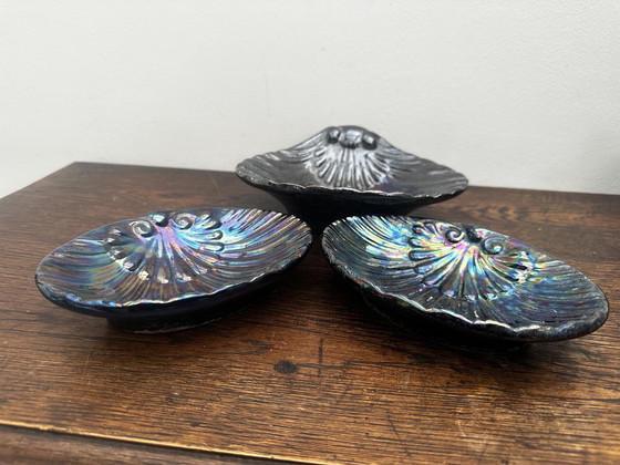 Image 1 of Trio of iridescent black ceramic dishes / Empty Pockets Shell shape