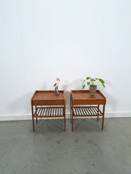 Teak veneer bedside table set with drawer from Sweden