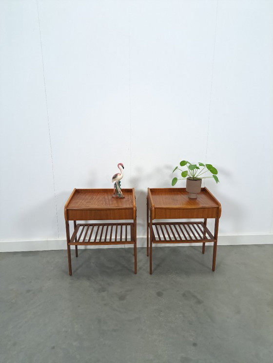 Image 1 of Teak veneer bedside table set with drawer from Sweden