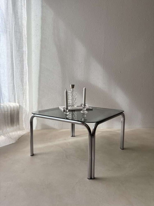 Memphis 70s tube frame coffee table smoked glass chrome