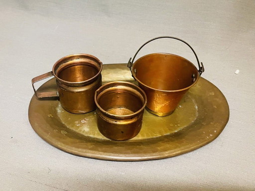 Miniature set copper bucket pots and brass tray
