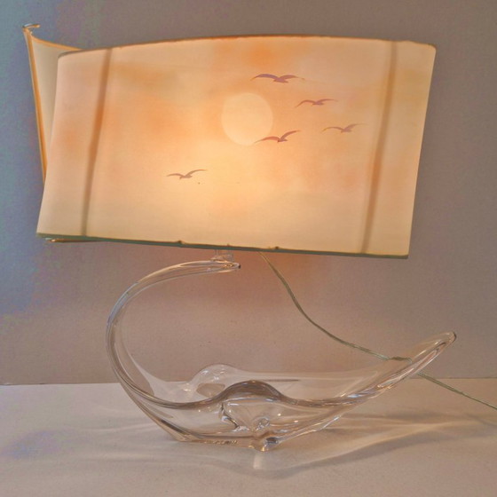 Image 1 of Vintage tafellamp uit de jaren 70 met kristallen kom, reiger en lampenkap.