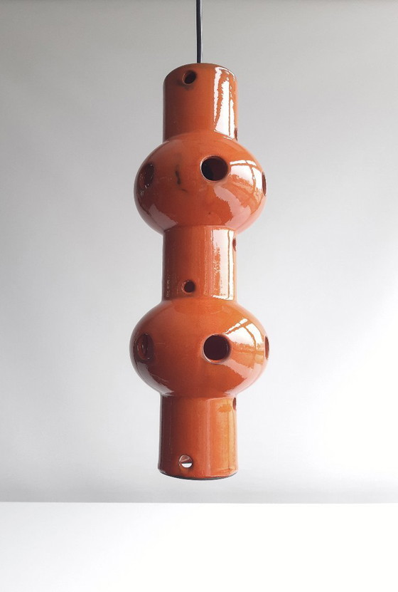Image 1 of Suspension vintage en faïence orange, style « fat lava » d'Allemagne de l'Ouest, lampe suspendue rétro en céramique