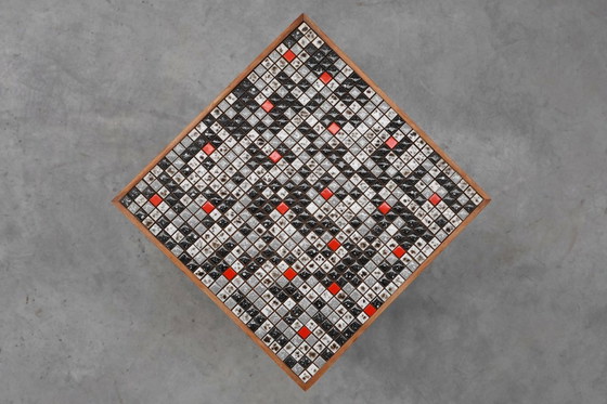 Image 1 of Vintage bijzettafel in grenenhout betegeld met mozaïek, België 1950