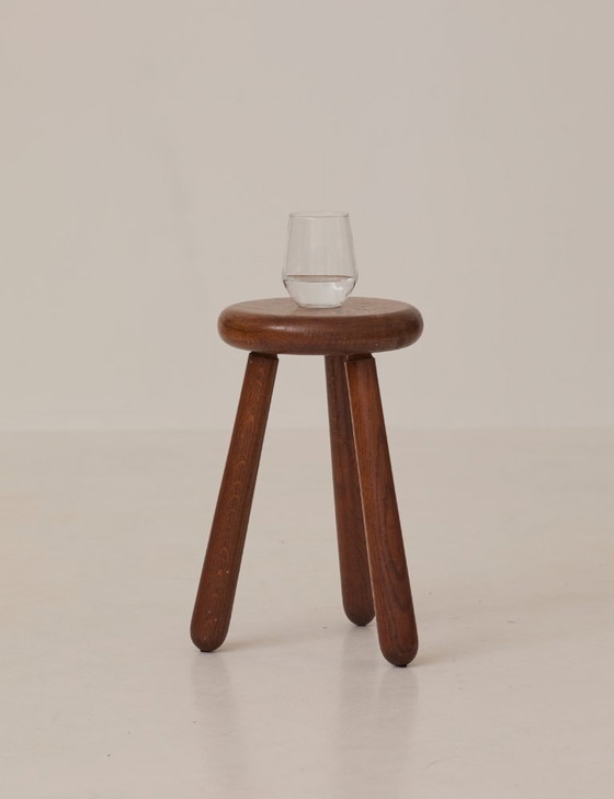 Image 1 of Vintage French tripod stool, brutalist style, made of solid wood, circa 1960